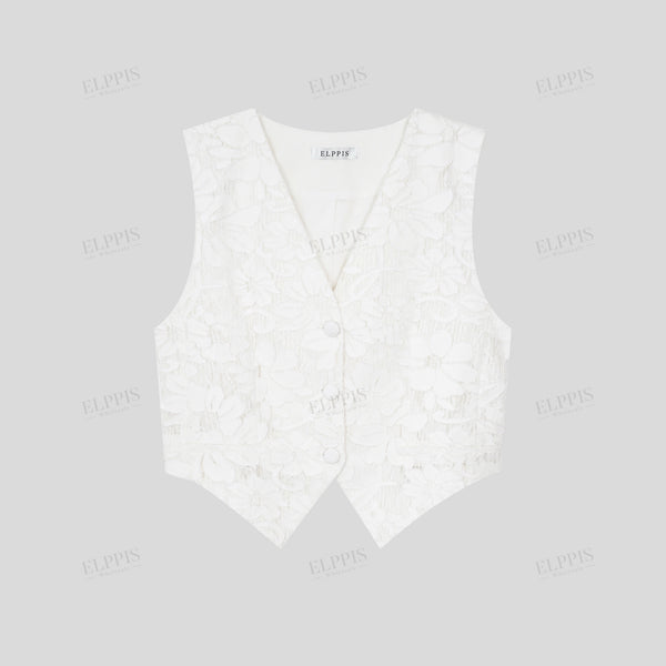 French Floral Burnout White Denim and Lace V-Neck Short Vest