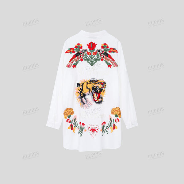 Whimsical animal and floral embroidered long-sleeve shirt