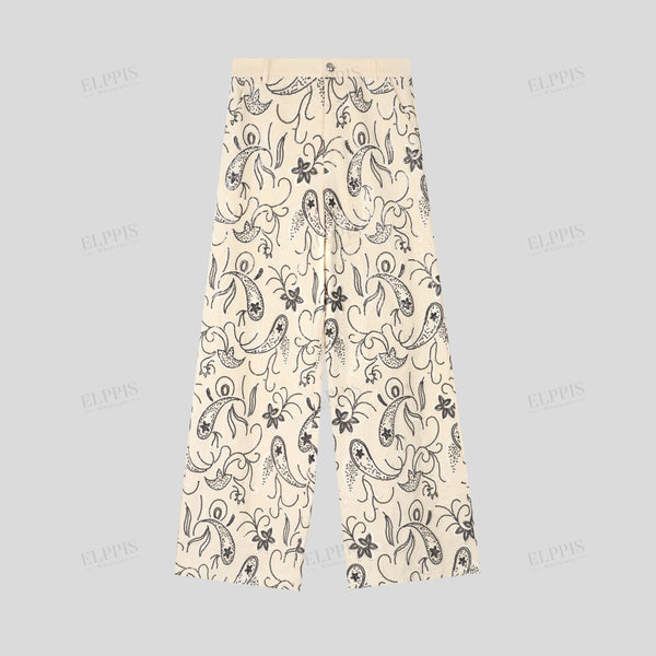 French Court-Inspired Paisley Floral Beaded Luxe Straight H-Line Trousers