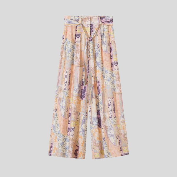 Digital print wide-leg belted pants.