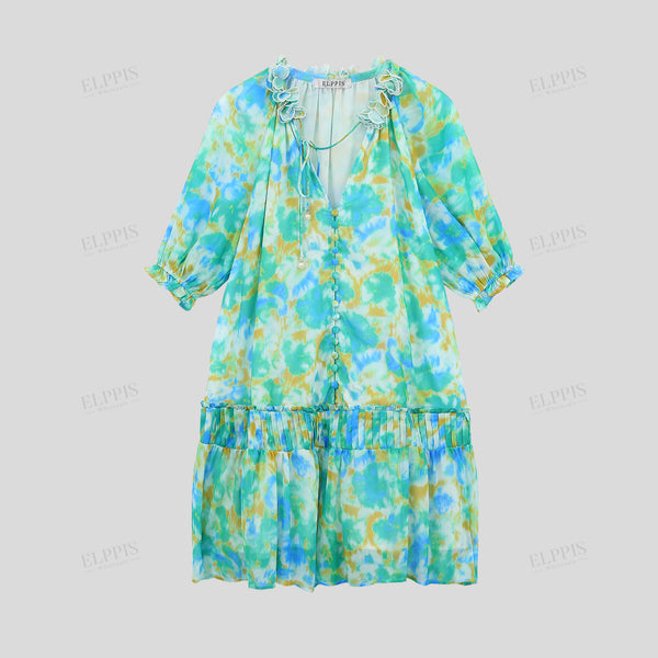 Chiffon digital print burn-out stand collar A-line midi short sleeve dress