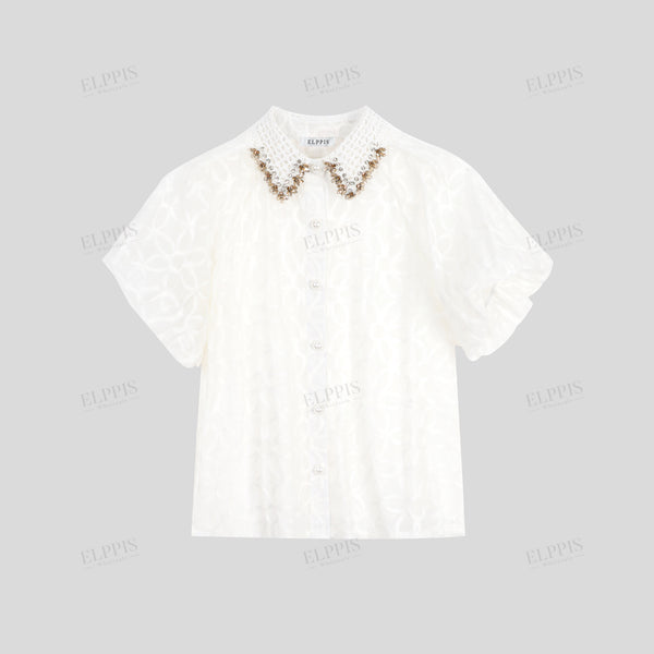 Floral embroidered rhinestone hollow collar short sleeve top