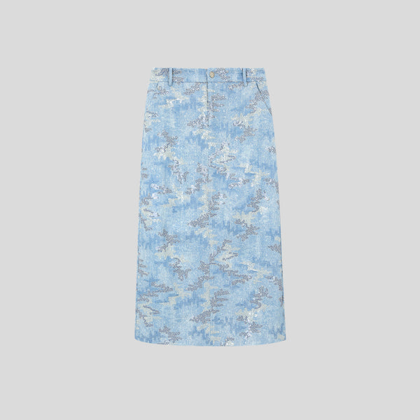 cotton sequined floral embroidered H-line denim midi skirt