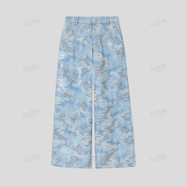 cotton sequined floral embroidered wide-leg  pants