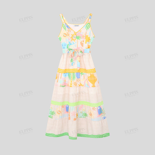 Vacation Sun Beach Woven Strap Patchwork Dress