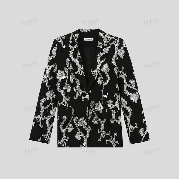 Color-block sequin embroidered H-line long sleeve blazer