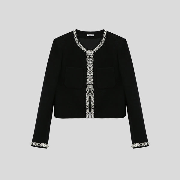 Black Classic single-button hook closure contrast woven chain round neck  short jacket