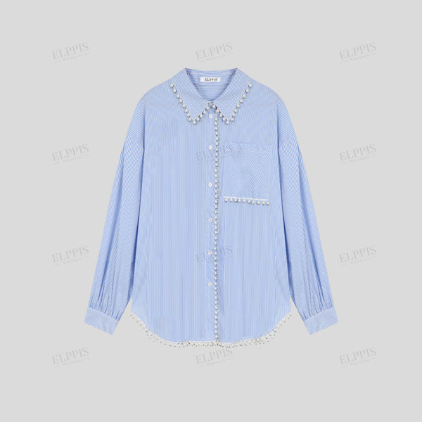 Striped pearl tassel straight H-line shirt