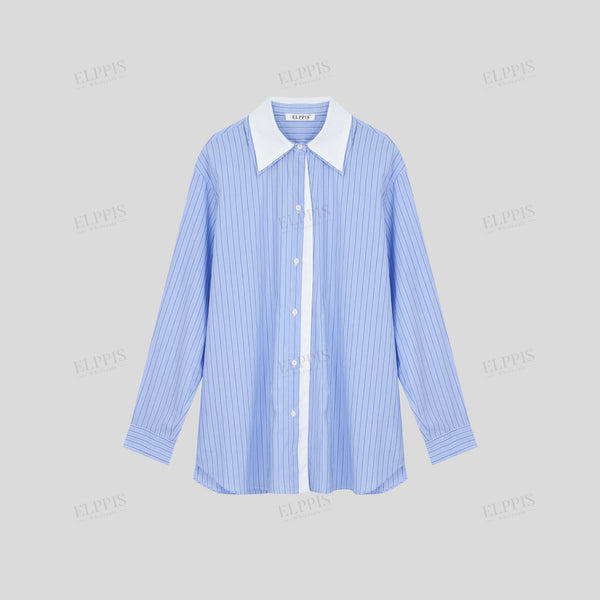 Color-block patchwork striped double-breasted long sleeve shirt