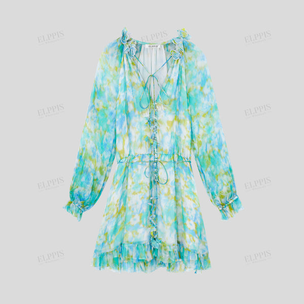 Printed three-dimensional floral decorative short dress