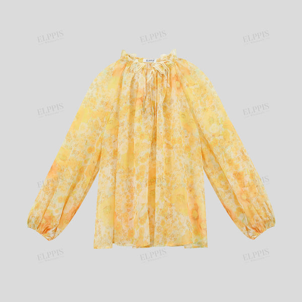 Floral printed hand-made bow tie long sleeve  vertical collar loose  blouse