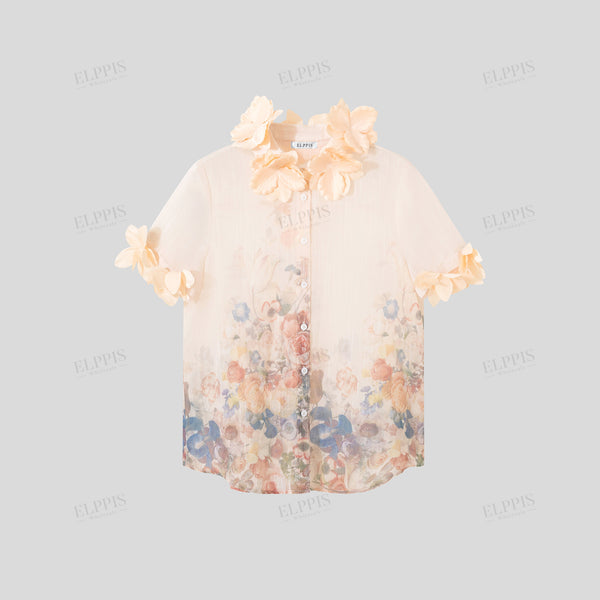 3D floral placement print H-line short sleeve shirt