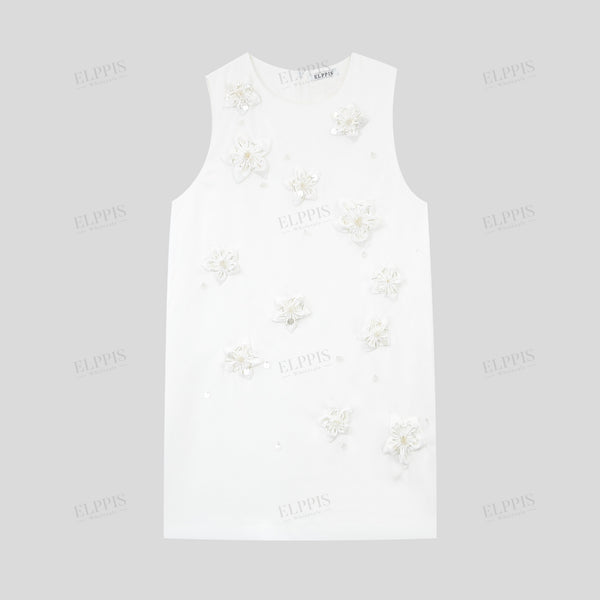 Handcrafted 3D floral beaded round neck sleeveless midi dress