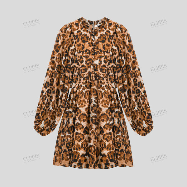 Leopard print chiffon printed lantern sleeve dress