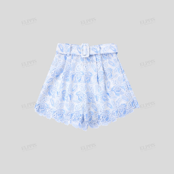 French Vacation Light Blue Gradient Floral Lace Elegant A-Line Shorts