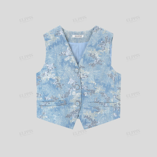 cotton sequined floral embroidered fitted short denim vest