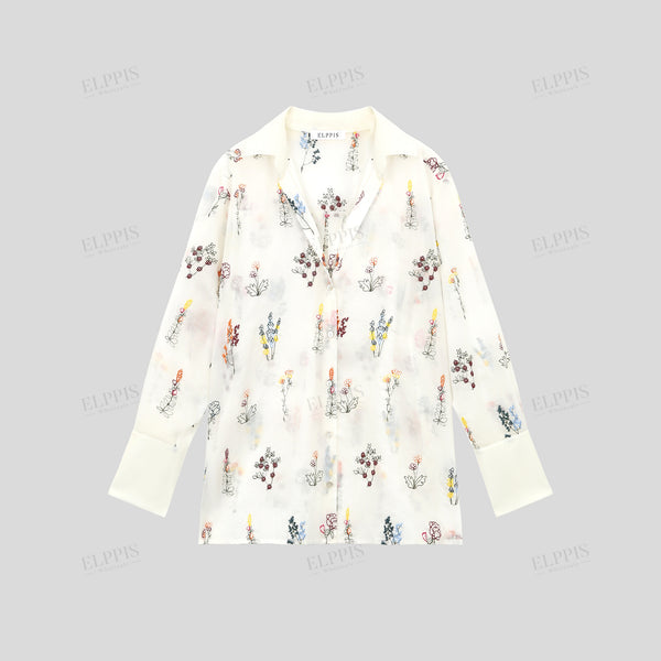 Country-style floral embroidered H-line long sleeve top