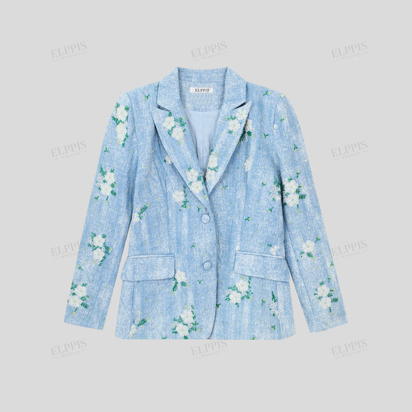 Light Luxury French Elegant Heavy Beaded Denim Blue Straight H-Shape Blazer