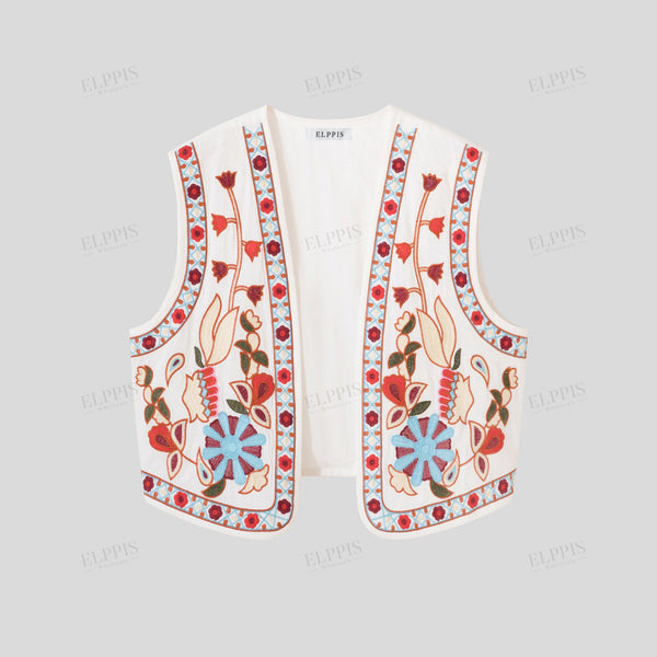 Bohemian style positioned embroidered V-neck cardigan vest