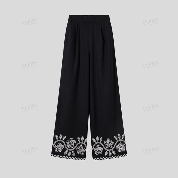 Color-block embroidered cotton-linen straight-leg pants