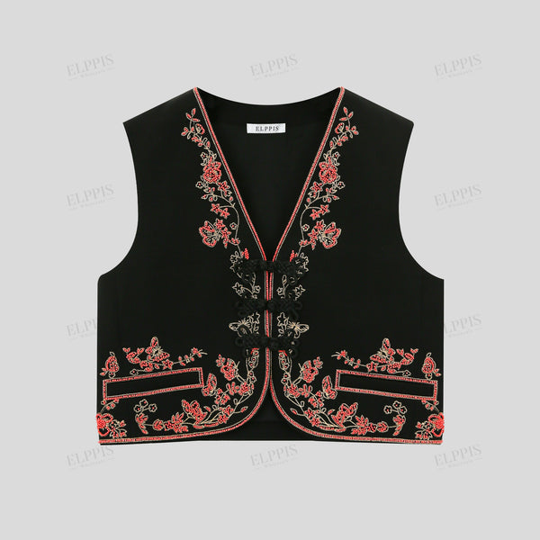 Color-block beaded embroidered H-line vest