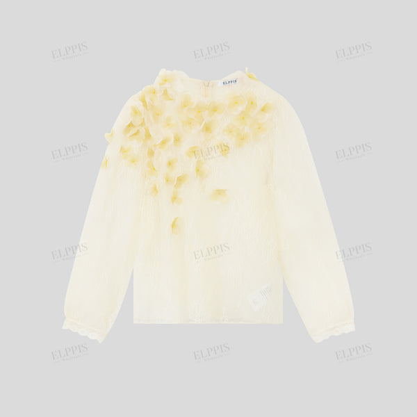 White lace straight-cut 3D floral beaded long sleeve shirt