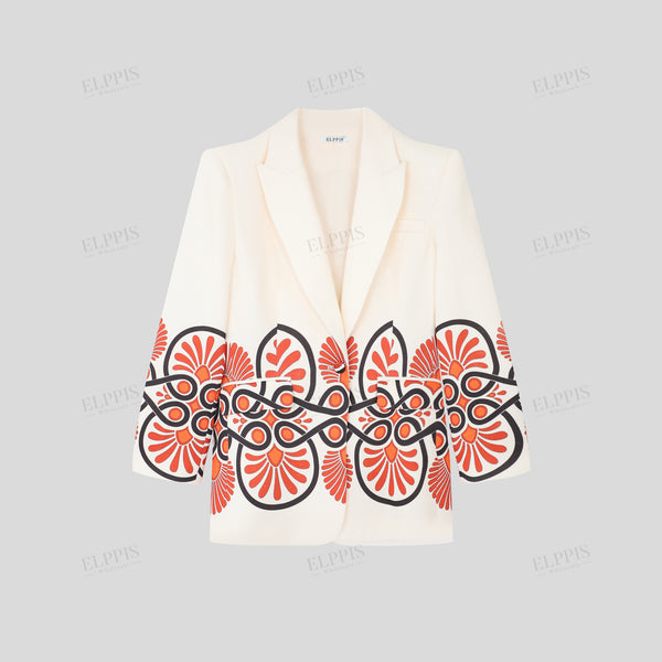 Two-tone Placement Print Blazer with Notched Lapel and Long Sleeves