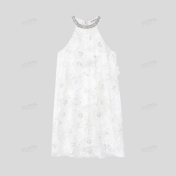 3D Floral Sequin Sleeveless Round Neck Short Dress