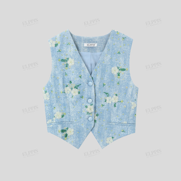  cotton sequined floral embroidered fitted short denim vest