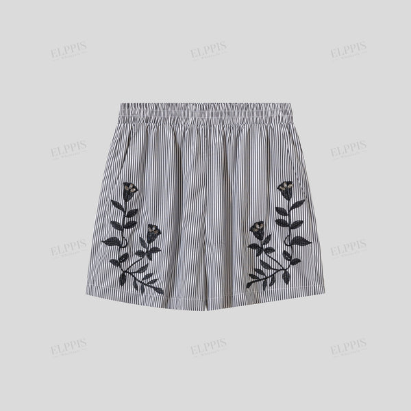 Striped embroidered beaded A-line shorts