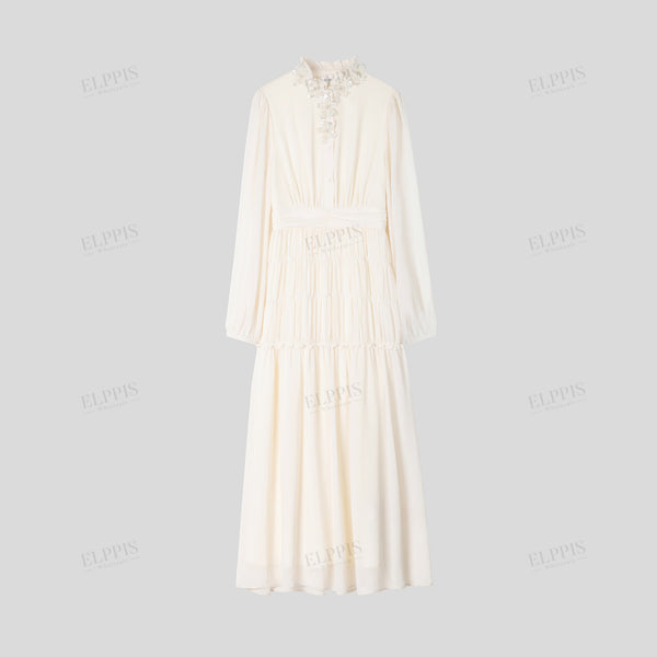 3D Floral Beaded Collar Long Sleeve Dress