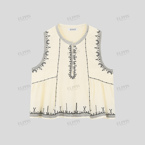 Color-block embroidered cotton half-placket tank top