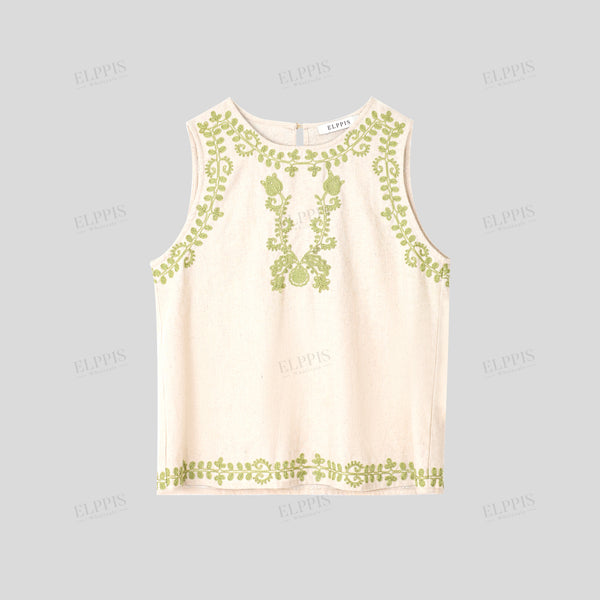 Vacation-style cotton-linen color-blocked embroidered tank top