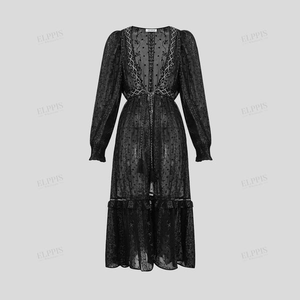 Embroidered chiffon A-line long sleeve dress