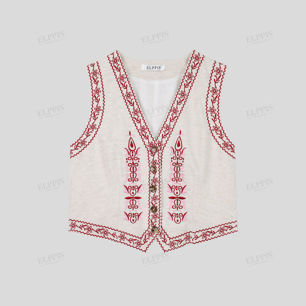 Embroidered cotton-linen H-line vest