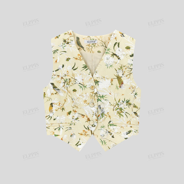 Denim base sequin floral and bird pattern embroidered H-line vest