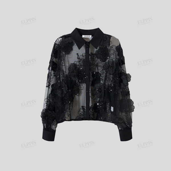 Black 3D flower beads lapel perspective loose long sleeve shirt