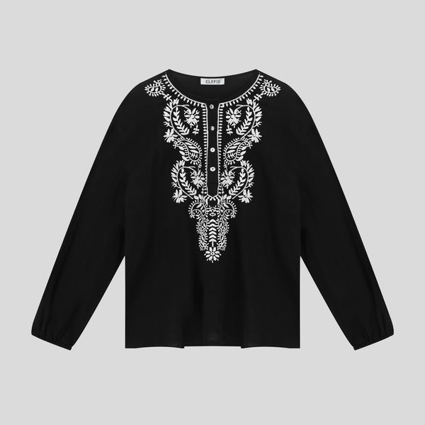 Color-blocked embroidered cotton long sleeve top