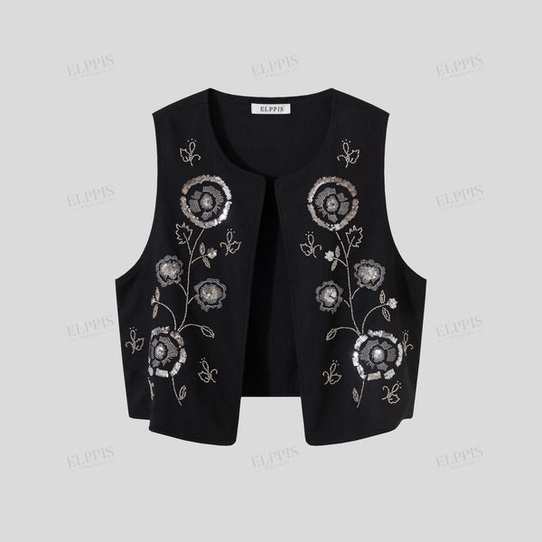 Sequin-embroidered H-line cotton-linen vest