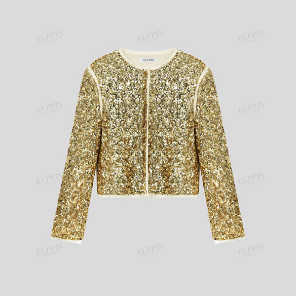 Sequin H-line cropped long sleeve jacket