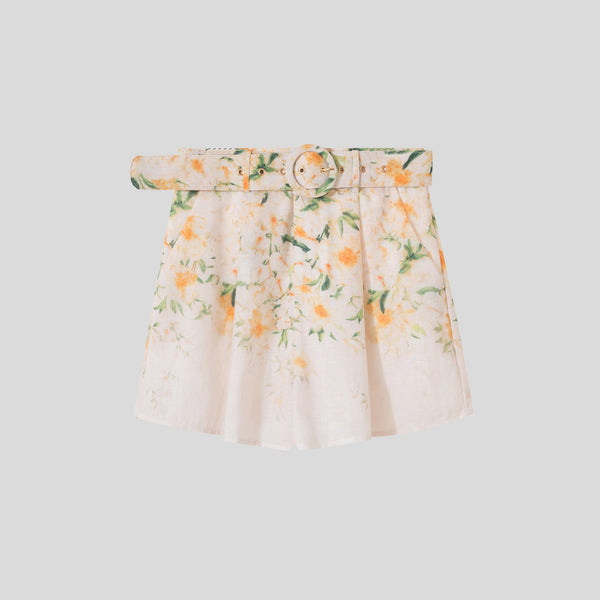 Positioned print A-line belted shorts