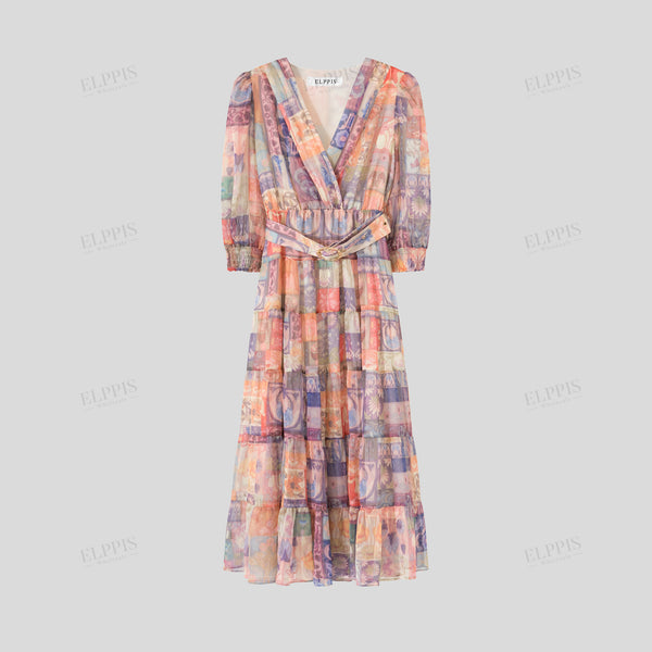 Geometric placement print V-neck three-quarter sleeve maxi dress