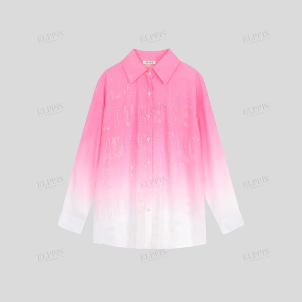 Tie-dye rhinestone straight H-line long sleeve shirt