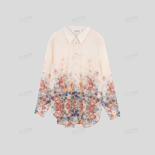 Digital placement printed midi drop shoulder long sleeve lapel shirt