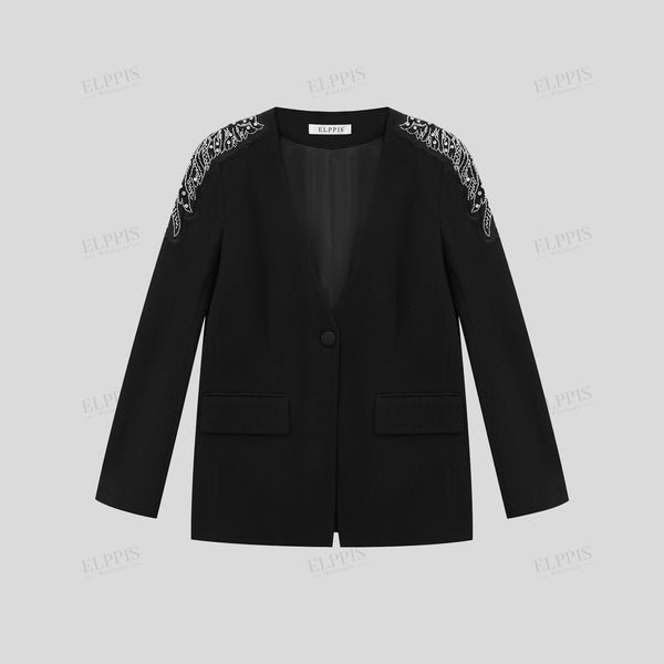 Classic V-neck H-line patchwork pipe sequin embroidered blazer