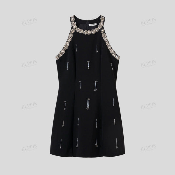 Hand-beaded chain sleeveless A-line short dress with round neck