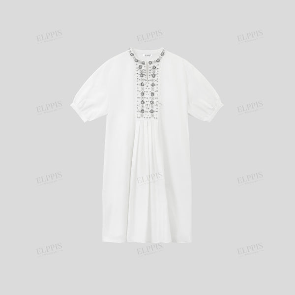 Beaded lace trim A-line shirt dress