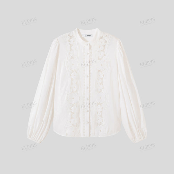 Patchwork lace cotton-linen H-line long sleeve shirt