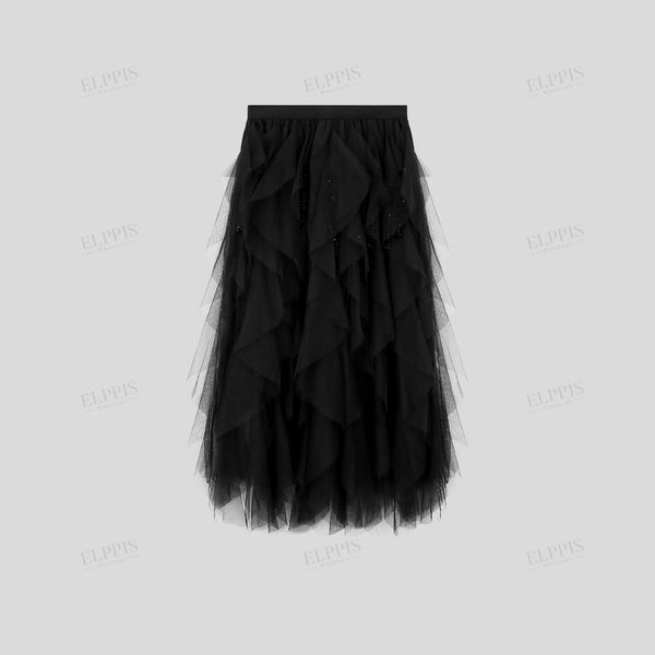 Tulle geometric cut handmade bead A-line mid-rise midi skirt