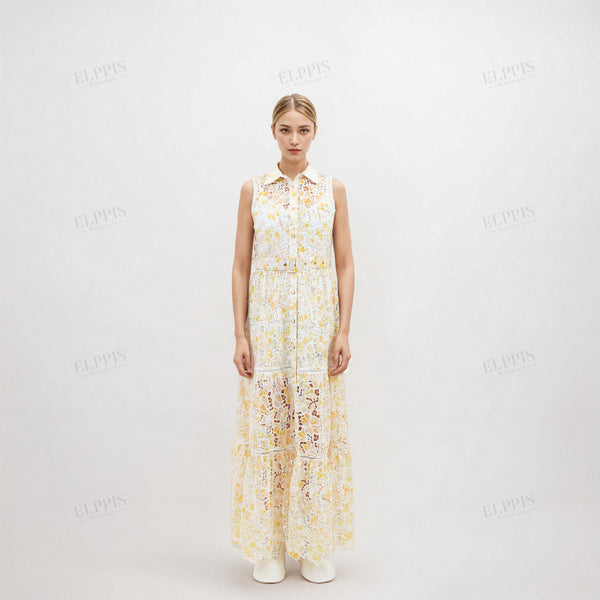 Chiffon base printed water-soluble lace embroidered sleeveless shirt collar maxi dress